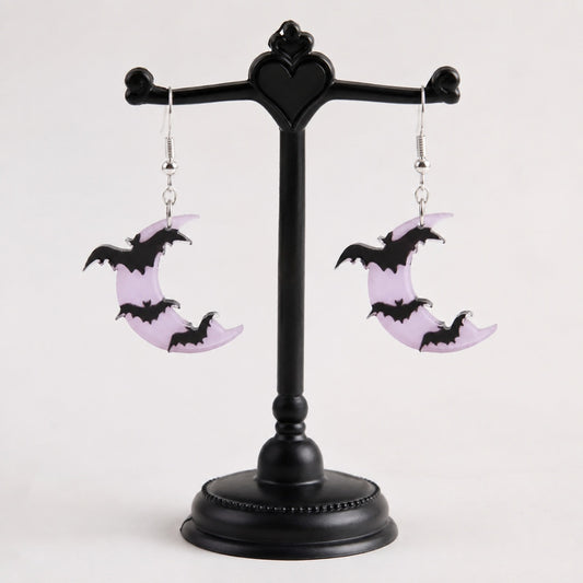 Lavender moon and bat dangle earrings with pearlized finish, DDLGirl style