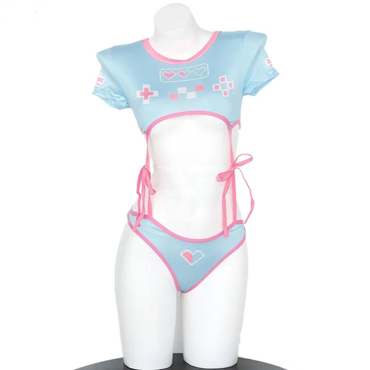 Level Up Gamer Babe two-piece suit in pink and blue, stretch comfy fabric for DDLG cosplay and playful roleplay