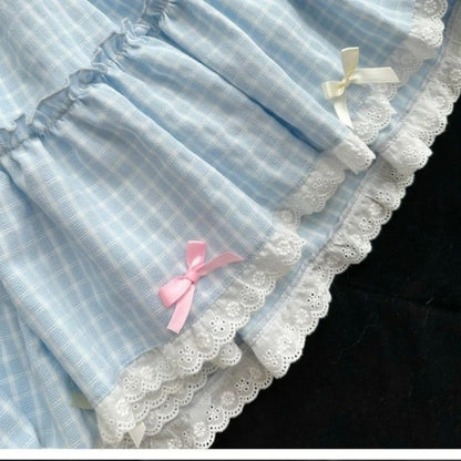Lightweight blue plaid skirt with pleats, designed for kawaii, ABDL, and DDLG fashion