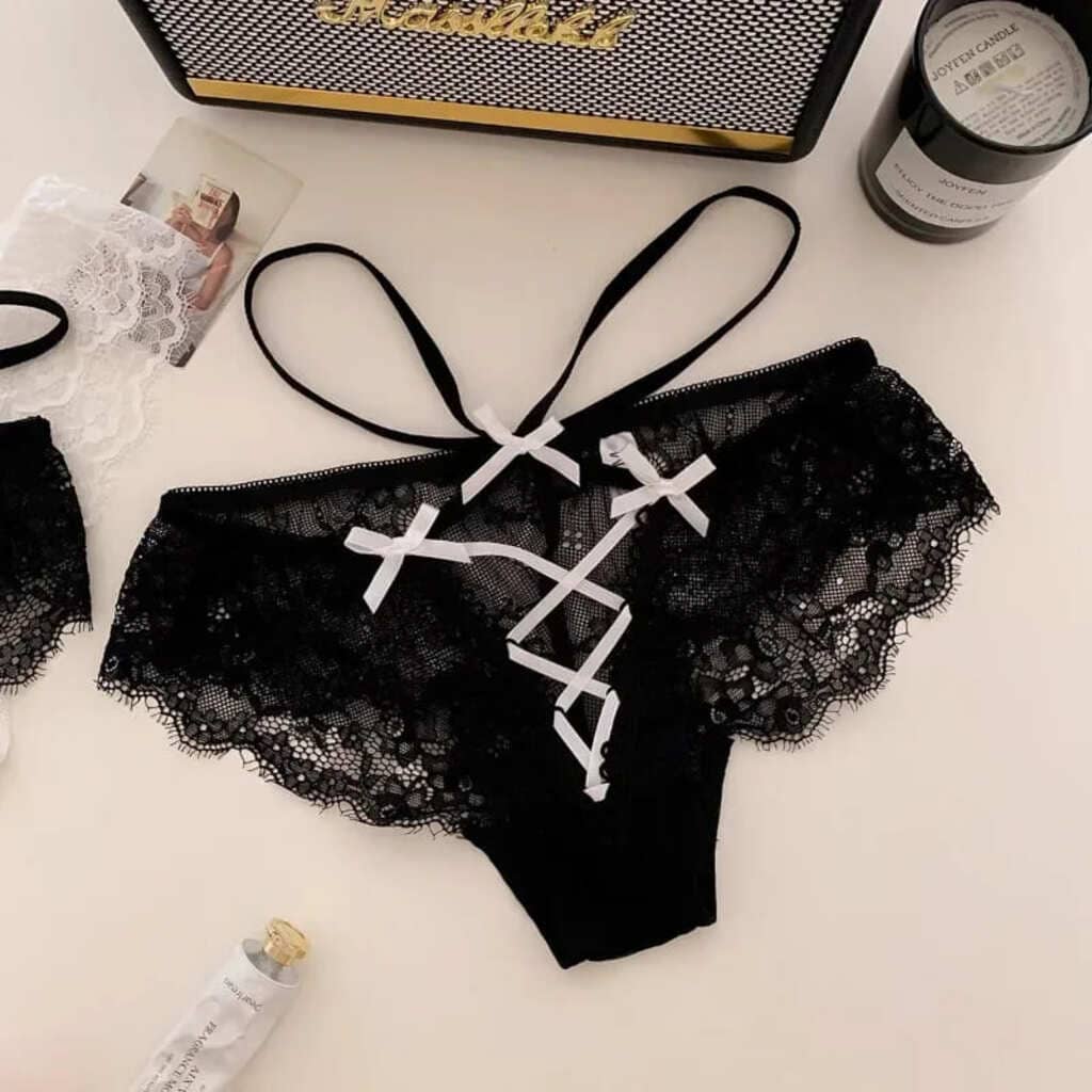 Black lace lingerie with breathable mesh, delicate bows, and dreamy lightweight fit