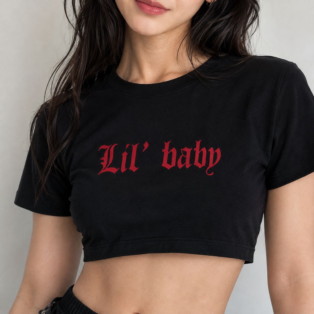 Black Lil Baby micro crop top with crimson blackletter graphic, DDLGirl style