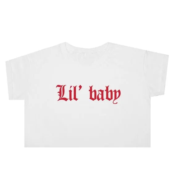 Flat lay of Lil Baby micro crop top with crimson gothic graphic