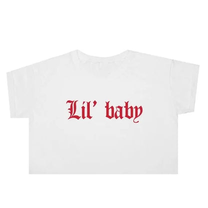 Flat lay of Lil Baby micro crop top with crimson gothic graphic