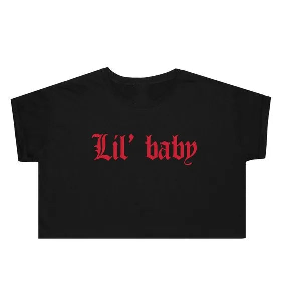 Lil Baby micro crop top with crimson blackletter graphic, DDLGirl babygirl style