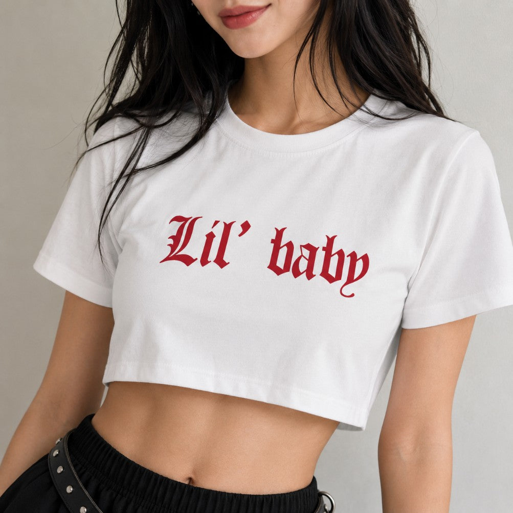 White Lil Baby micro crop top with crimson blackletter graphic, DDLGirl style