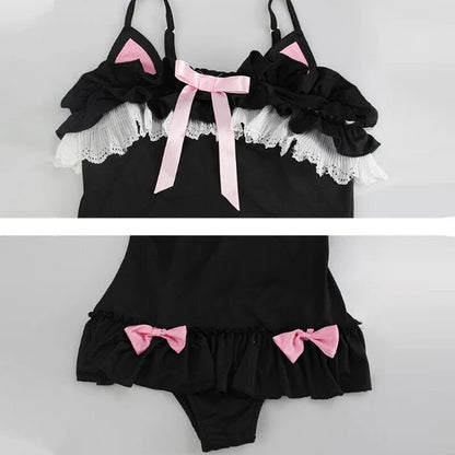 black lil kitty lolita onesie with frills, bow accents, and ears playful cutecore DDLG/ABDL outfit