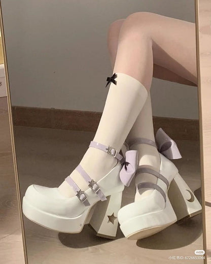 Lilac Stardust platform heels with ribbon details, kawaii lolita fashion, perfect for DDLG and ABDL play