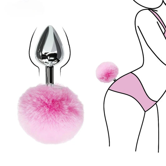 Pink little bunny roleplay plug with smooth stainless steel and fluffy tail for petplay and DDLG scenes