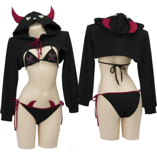 Little Cheeky Demon Cosplay Set in dark red and black with horns, eye details, and cross-embellished bra, perfect for kawaii DDLG vibes