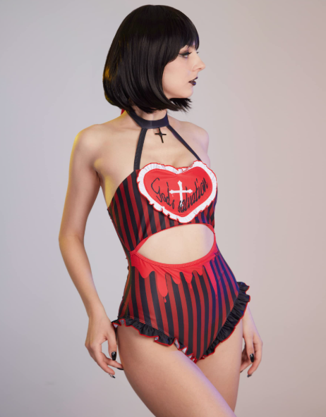 Little Confession Bodysuit in red and black stripes with frill trims, cut-outs, perfect for soft baddie, DDLG, and ABDL cosplay/play