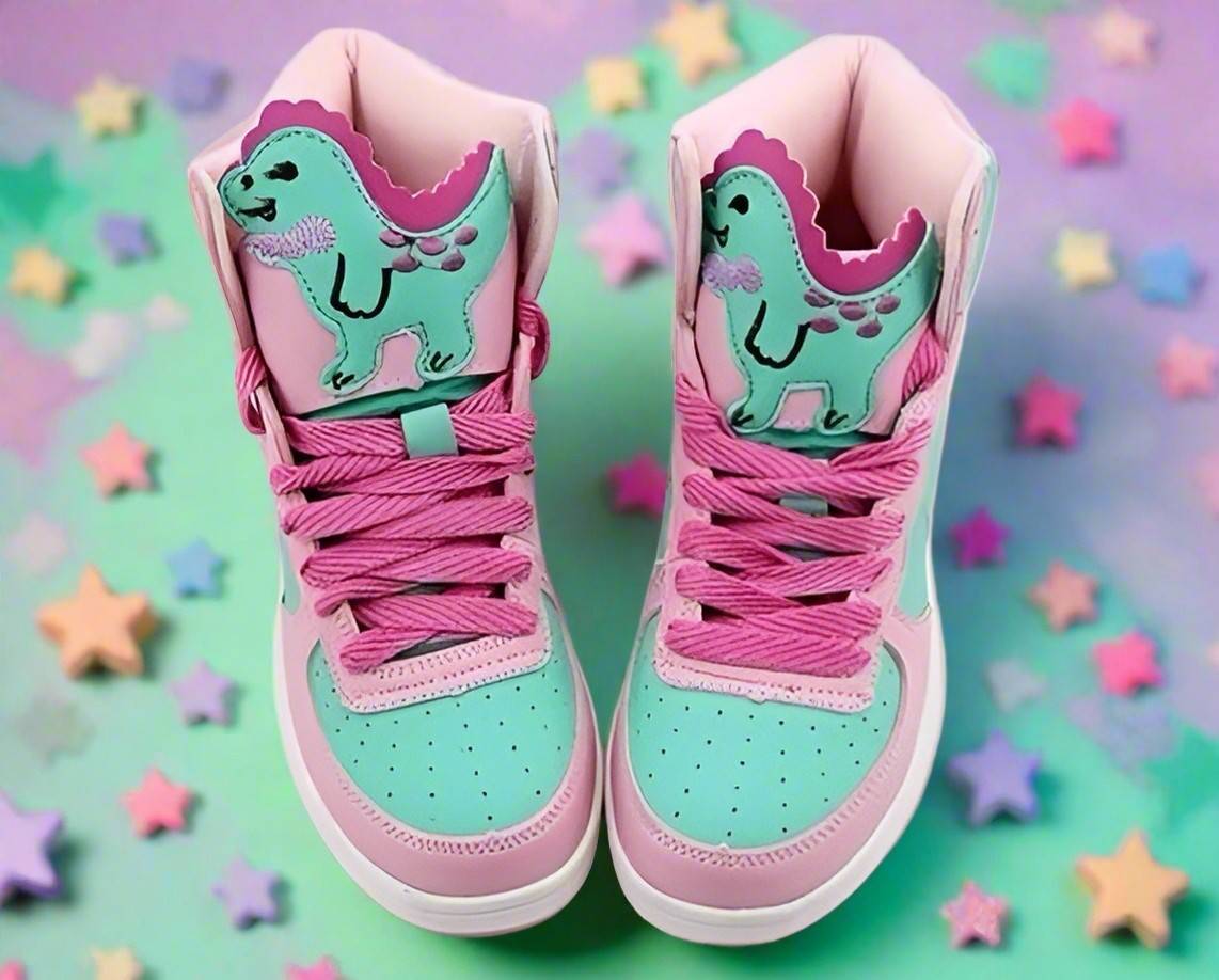 Adorable pastel dinosaur-themed sneakers for littlespace, babycore, kawaii, and soft baddie outfits