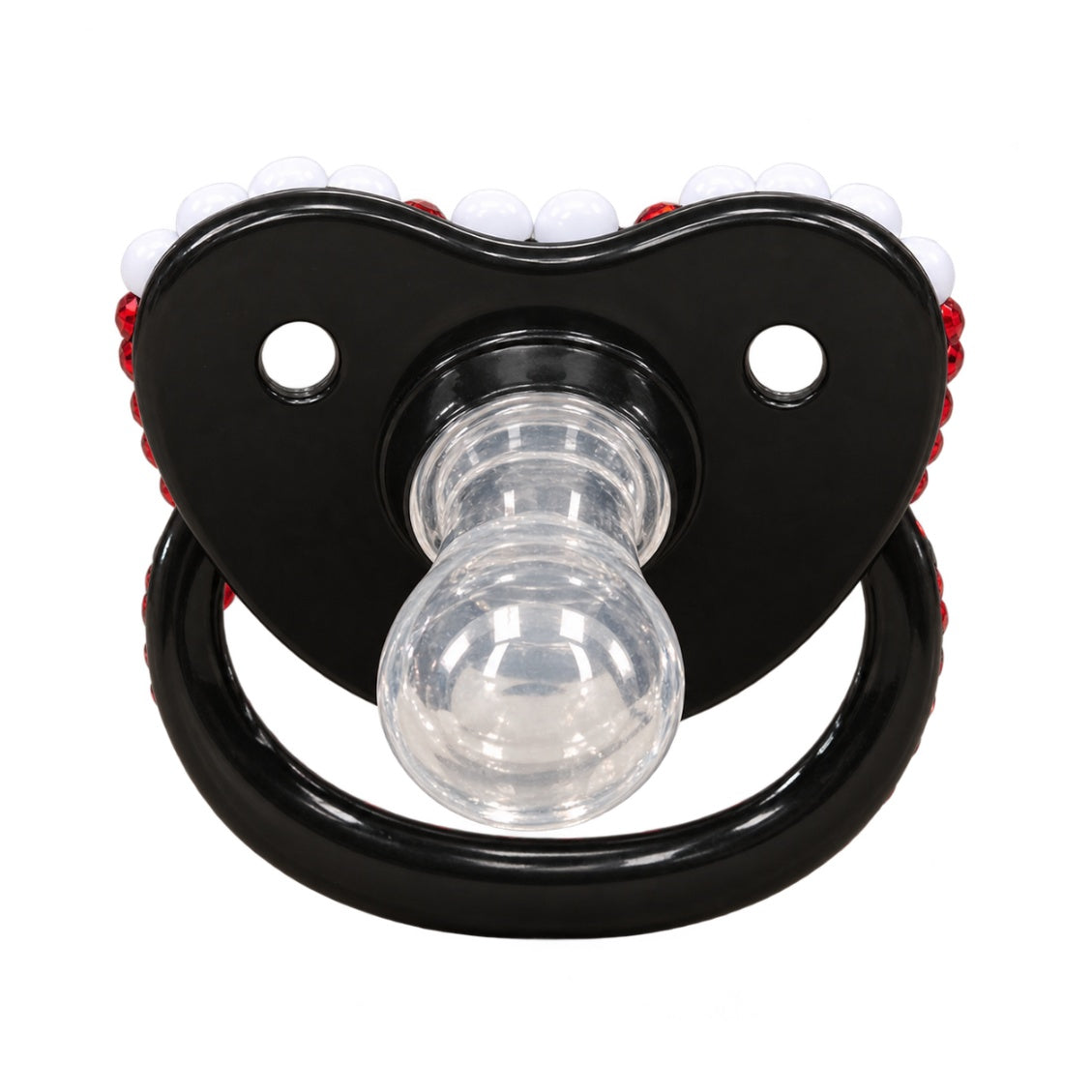 Back view of Little Fang Spooky Baby Pacifier showing plain glossy black backing
