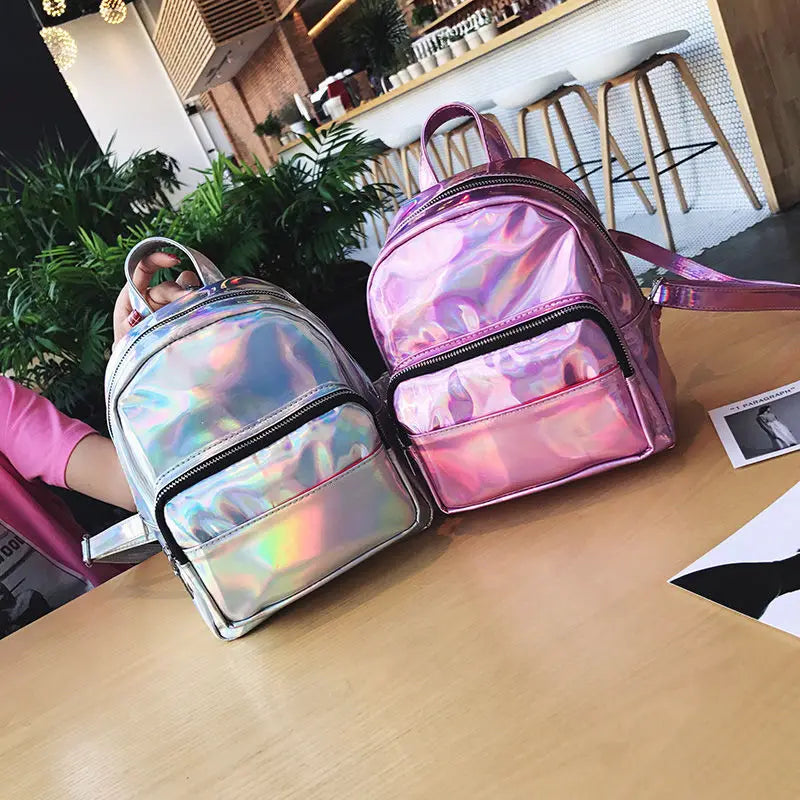 Full look of both Pink & Silver Little Holographic Cutie Backpacks, DDLG/ABDL, styled for kawaii, baddie, or playful cosplay