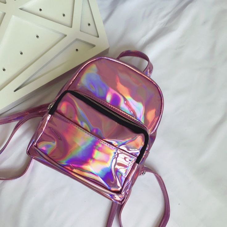 Front view of Pink Little Holographic Cutie Backpack, DDLG/ABDL, compact, sparkly, kawaii accessory