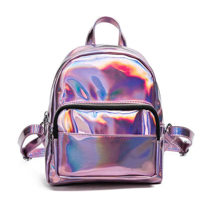 Side view of Pink Little Holographic Cutie Backpack, DDLG/ABDL, sleek compact design, kawaii and baddie vibes