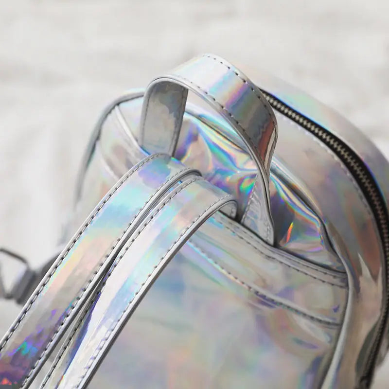 Back view showing adjustable straps, Silver holographic backpack, DDLG/ABDL, practical for cosplay and everyday use