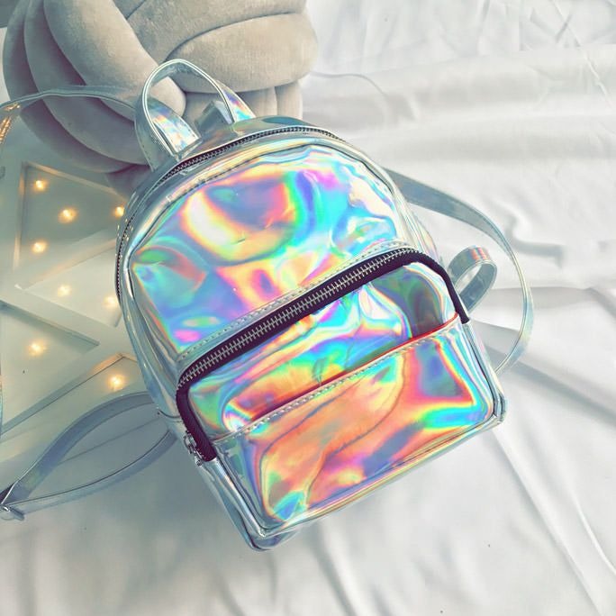 Little Holographic Cutie Backpack, Silver, DDLG/ABDL, front & back view, futuristic shine, playful baddie vibes
