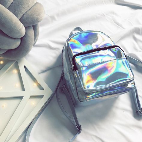 Front view of Silver Little Holographic Cutie Backpack, DDLG/ABDL, holographic pop, compact and playful