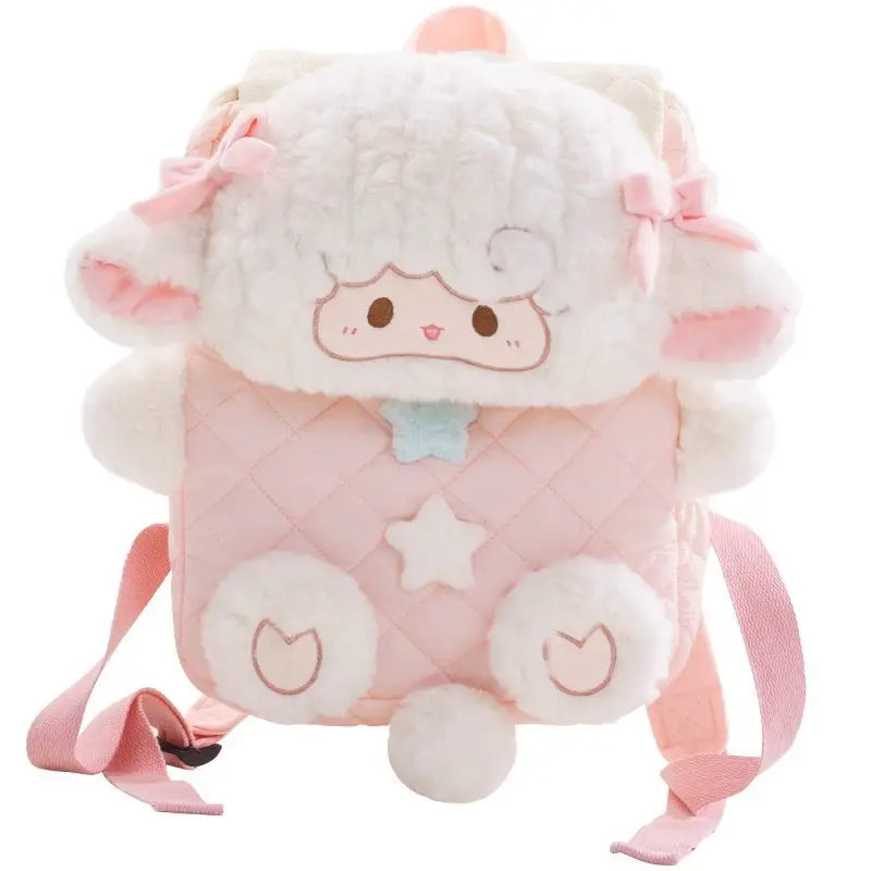 Little Lamb Kawaii Plush Backpack with fluffy cream white lamb face and pink bows, front view
