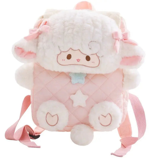Little Lamb Kawaii Plush Backpack with fluffy cream white lamb face and pink bows, front view