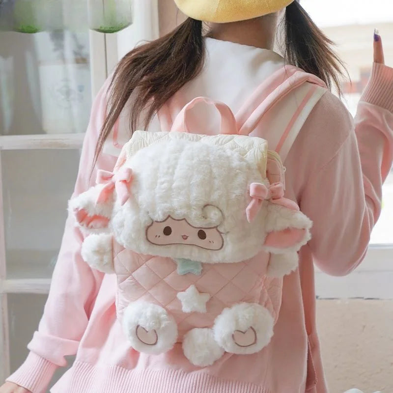 Detail shot of light pink diamond quilted stitch pattern on kawaii lamb backpack