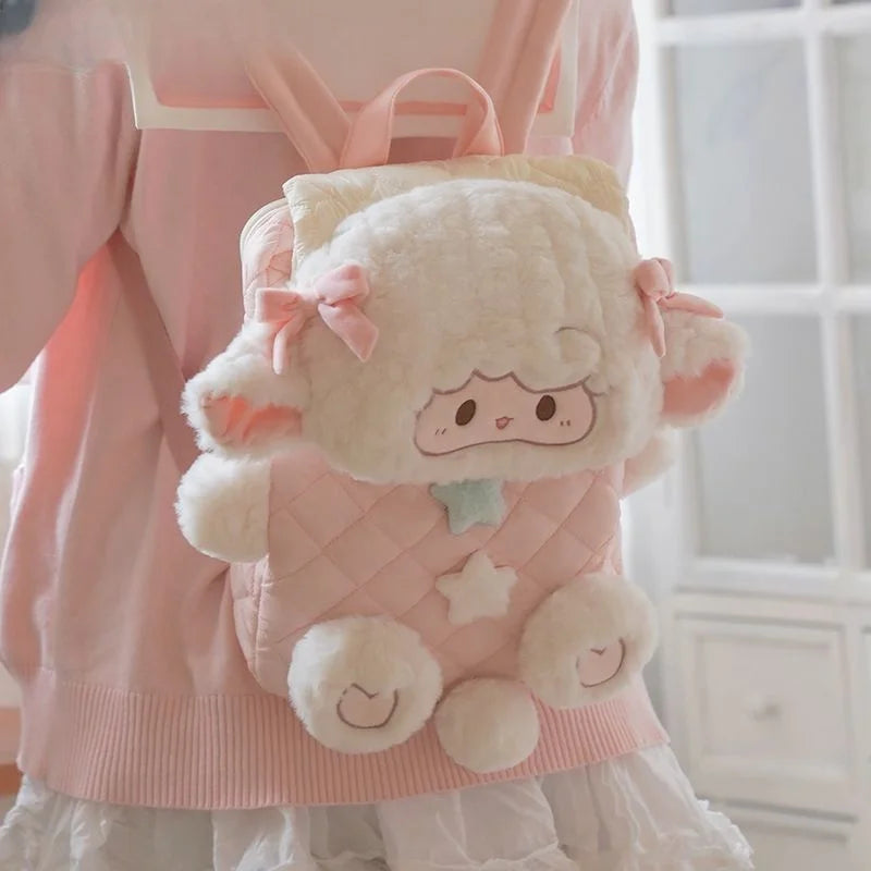 Side angle view of fluffy quilted lamb backpack showing full plush silhouette