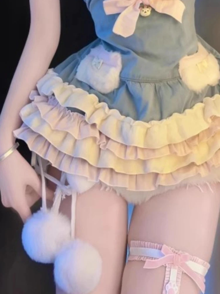 Pom-pom trim dripping along hem of Little Lamb Plush Mini Dress, kawaii lolita cutie soft girl fashion, pastel ddlgirl vibes