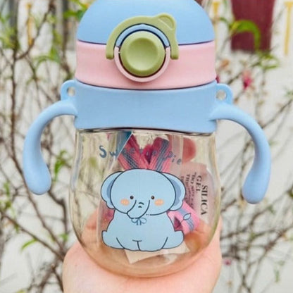 Blue Little Leaf Pals sippy bottle featuring pastel animal pals and adjustable strap