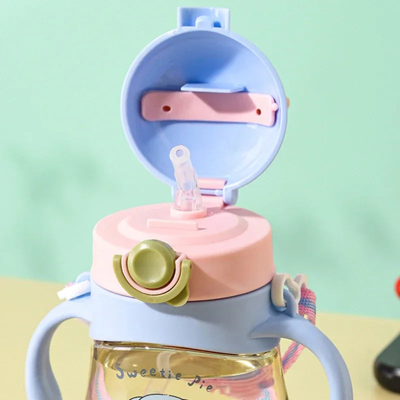 Alternate view of blue and pink Little Leaf Pals sippy bottles featuring pastel vibes and straps