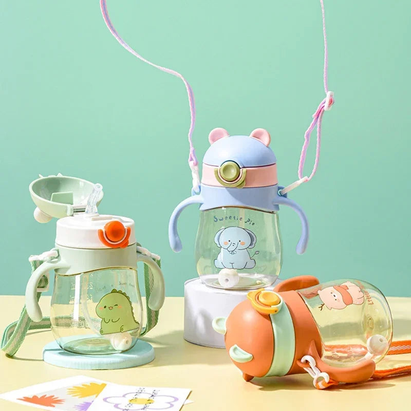 Set of 3 Little Leaf Pals sippy bottles in blue, orange, and green with soft pastel aesthetics