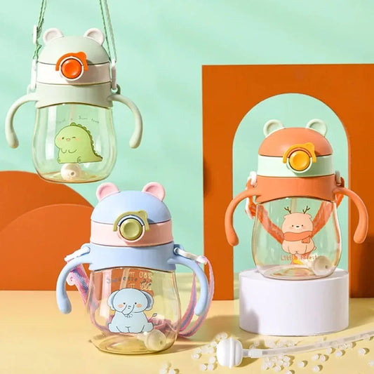 Little Leaf Pals sippy bottle set in blue, orange, and green with matching straps and pastel art