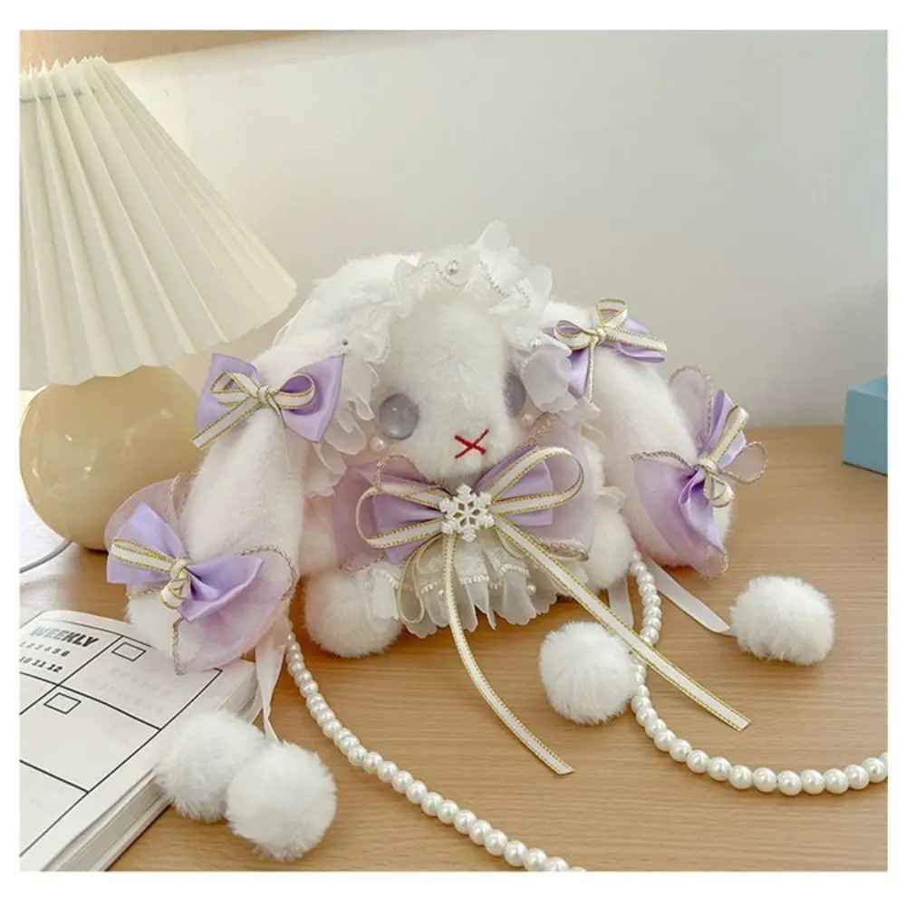 Little princess bunny crossbody bag, plush 3D bunny design with pearl strap, cutecore DDLG ABDL kawaii style