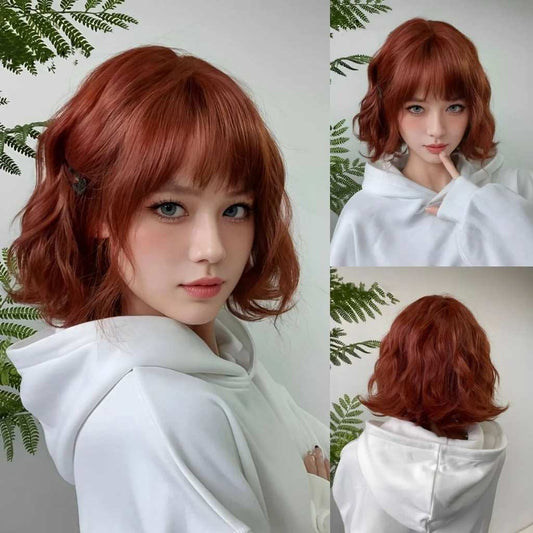 Red Little Romantic Wavy Bob Wig with full bangs and soft curls for soft girl or babydoll looks