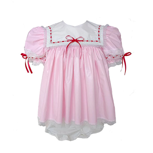 Little Sakura ABDL romper dress set in pink with red accents, kawaii cutecore outfit for littles