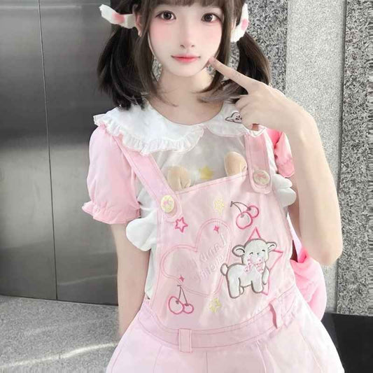 Little Sheep suspender outfit in pastel pink with matching tee, front view for kawaii softcore style