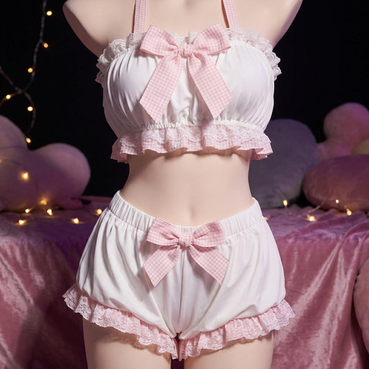 little-core ribbon plaid bloomers set, soft ruffle shorts & crop top for DDLGirl DDLG ABDL cutecore loungewear