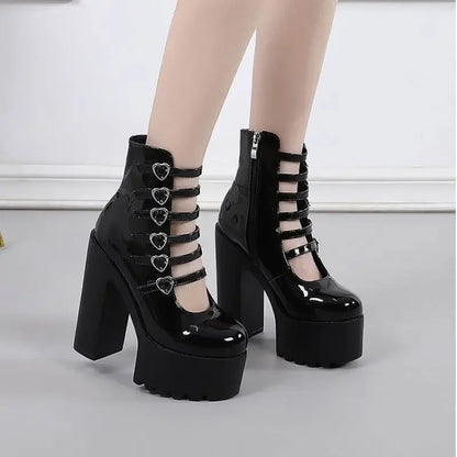 Tower heels with heart lock straps for standing out in kawaii and crushcore fashion