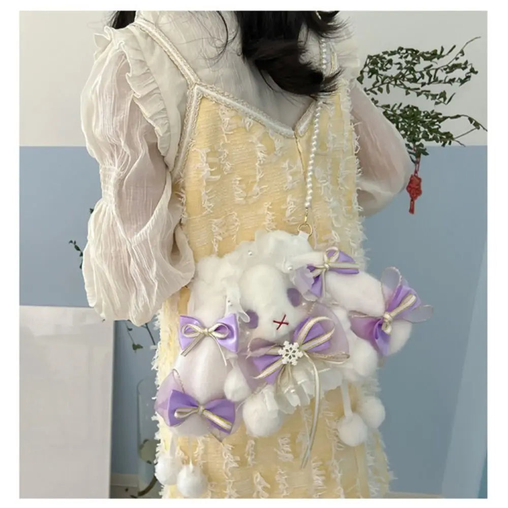 Lolita bunny crossbody bag, plush 3D design with playful ribbons, kawaii DDLG ABDL cutecore dollcore accessory