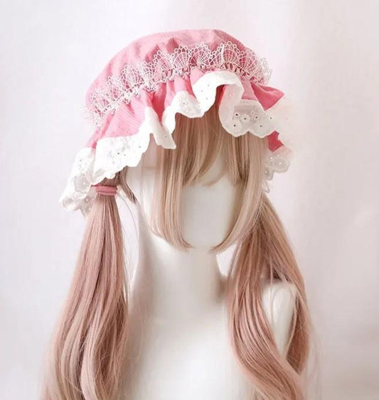 Pink Lolita Daydream Lace Bonnet for kawaii DDLG ABDL cutecore fashion