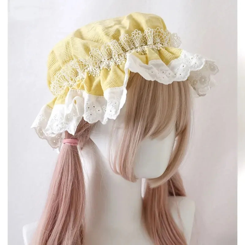 Yellow Lolita Daydream Lace Bonnet with kawaii DDLG ABDL vibes