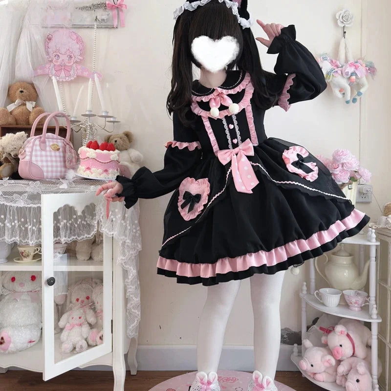 Lolita Dress with frilled layers, side bows, and heart accents, ideal for cutecore and DDLG style