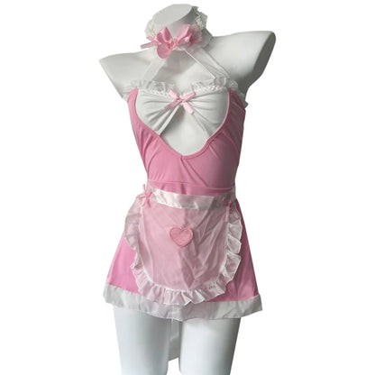 Lolita maid dress cosplay available in multiple sizes with soft fabric, frilly accents, and playful heart details