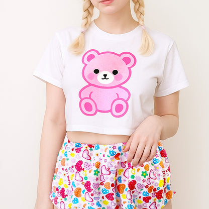 ABDL DDLG model wearing Love Bubble Rainbow Cutie Shorts with heart print cotton and soft vinyl diaper cover