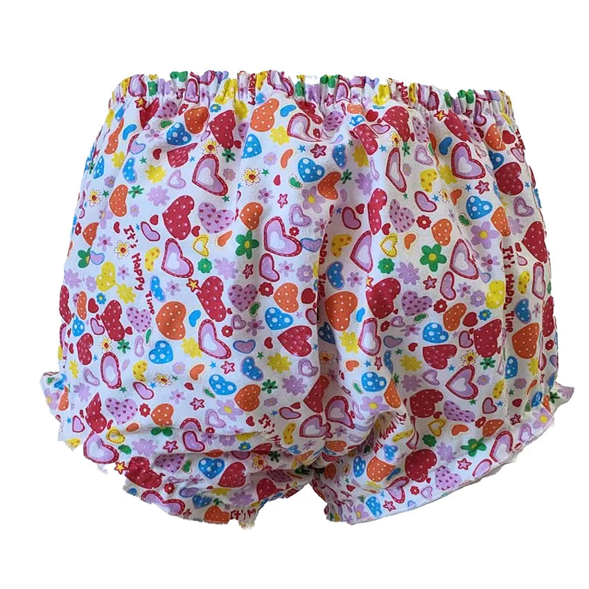 Love Bubble Rainbow Cutie Shorts in pink with heart print, ABDL-friendly diaper cover with soft vinyl lining