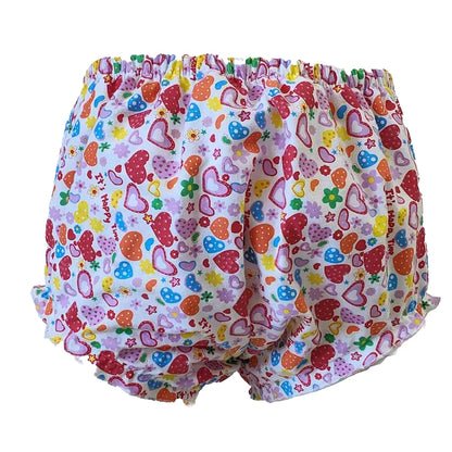 Love Bubble Rainbow Cutie Shorts in pink with heart print, ABDL-friendly diaper cover with soft vinyl lining
