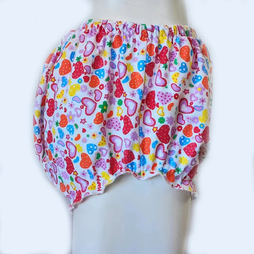 Love Bubble Rainbow heart print shorts with soft vinyl, diaper-friendly and cozy ddlg abdl loungewear