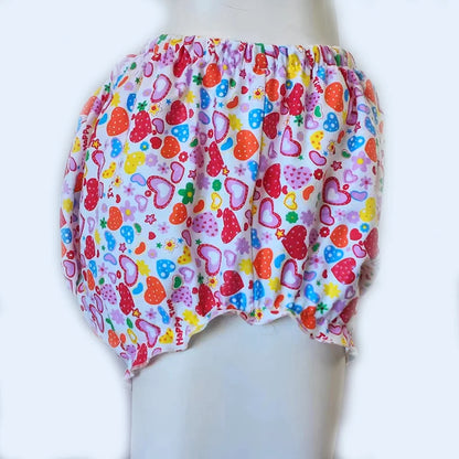 Love Bubble Rainbow heart print shorts with soft vinyl, diaper-friendly and cozy ddlg abdl loungewear