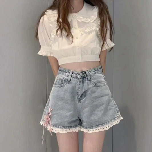 Pastel lace shorts with pink heart embroidery and ruffle trim for DDLG ABDL kawaii soft girl outfits