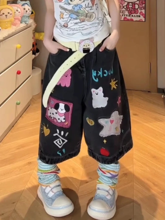 Lucky Charm Patchwork Denim with cute stitched puppies, fruit, and sunshine, soft girl kawaii style