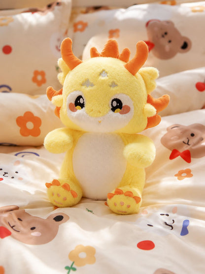 Lucky Zodiac Dragon plush, cute kawaii yellow stuffed animal with colorful scales